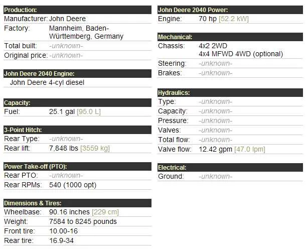 1985 john deere 2040 specs