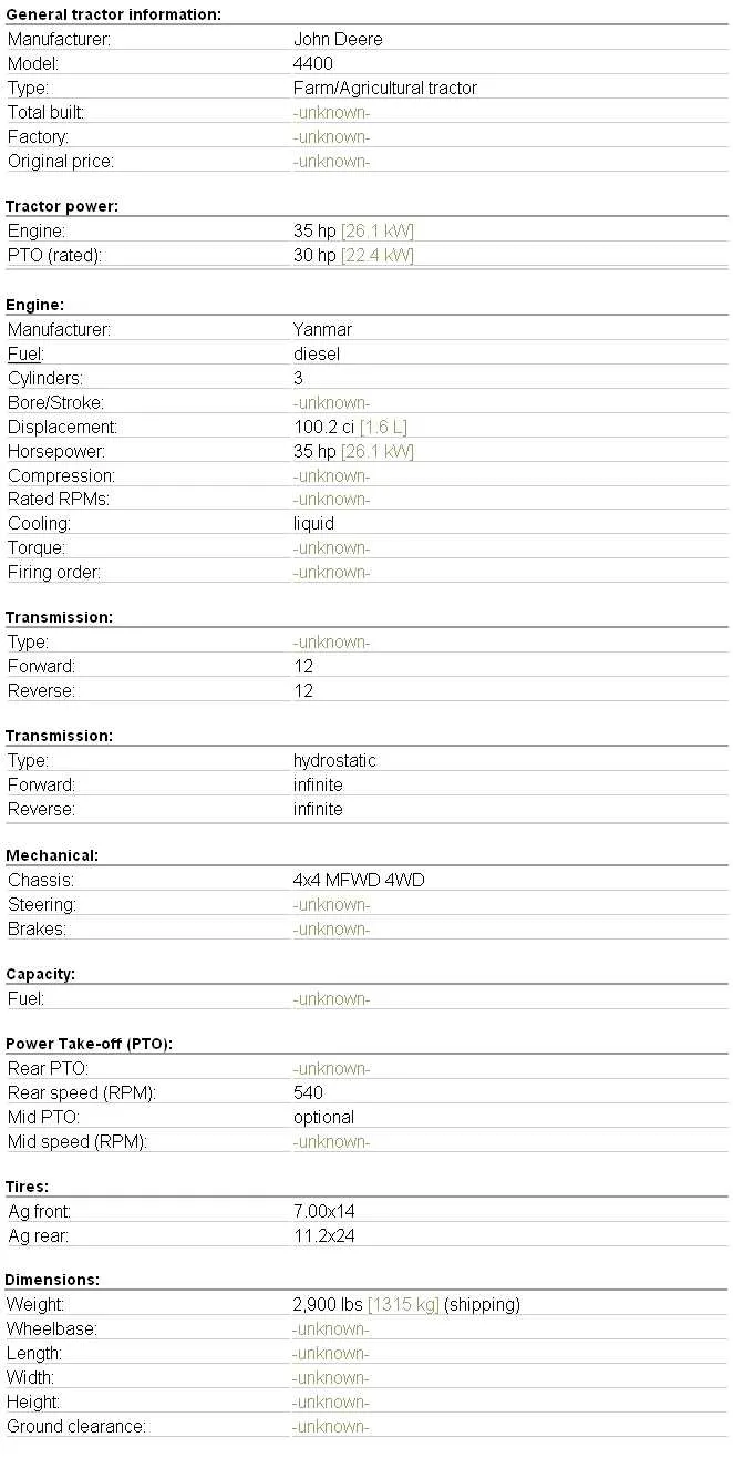 2001 john deere 4400 specs