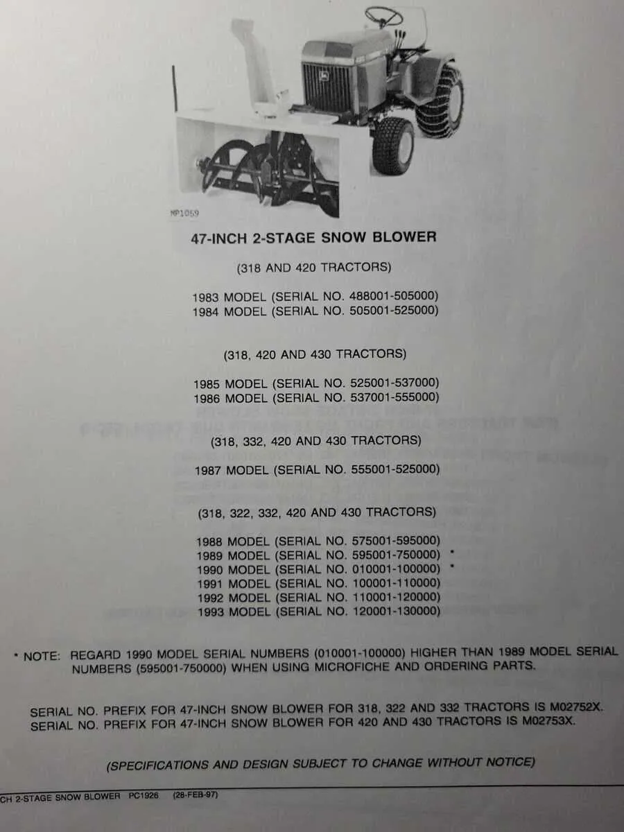 john deere 322 snow blower specs