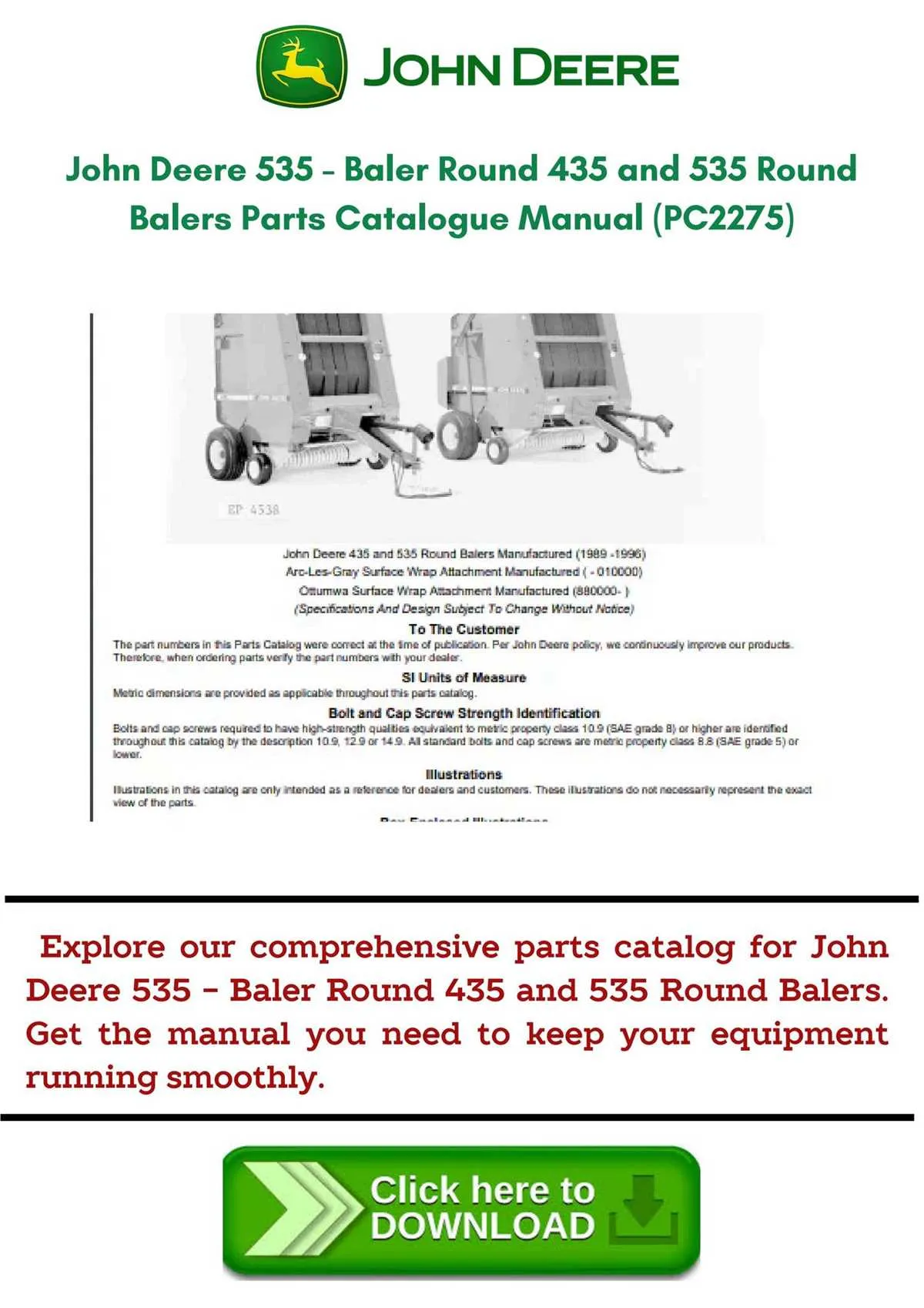 john deere 535 hay baler specs