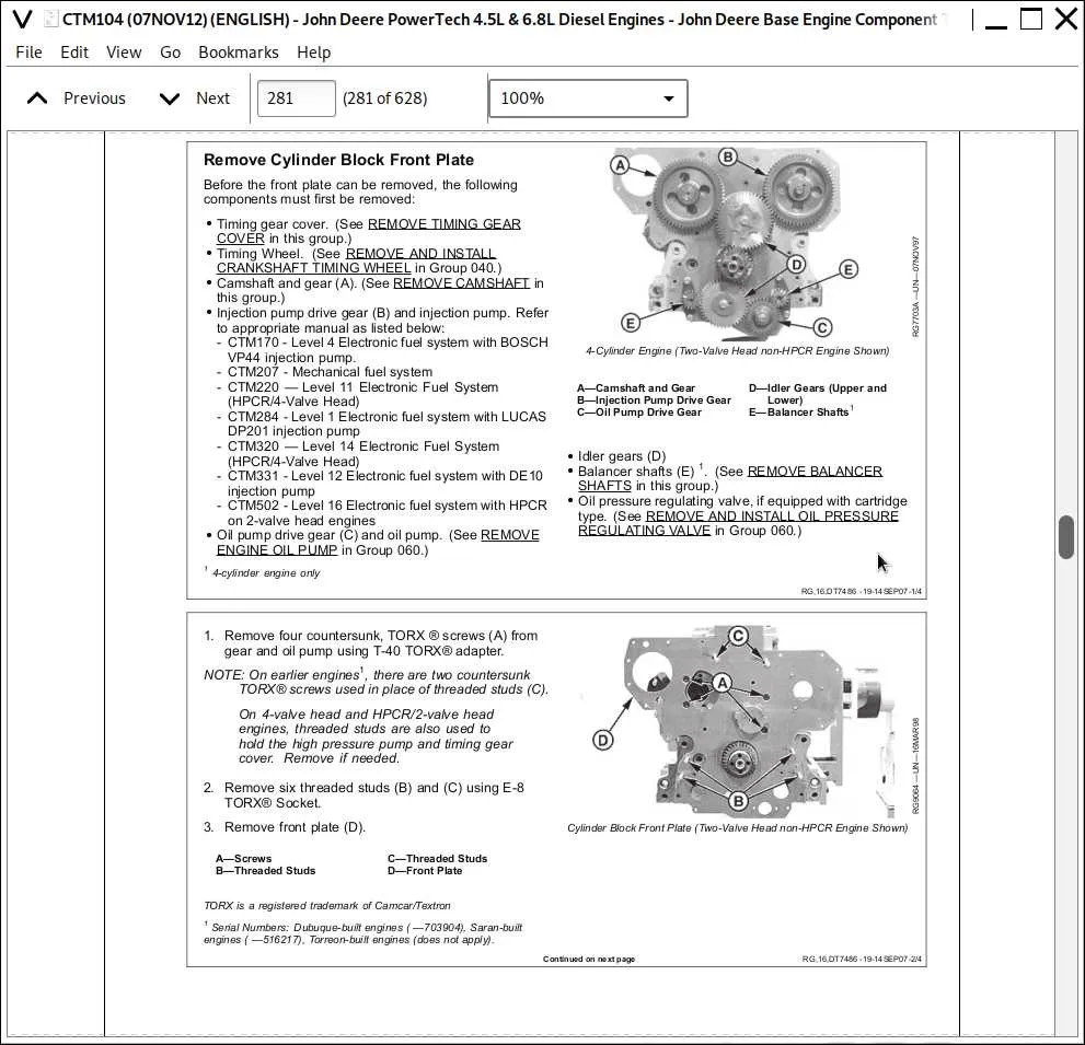 john deere d 100 torque specs