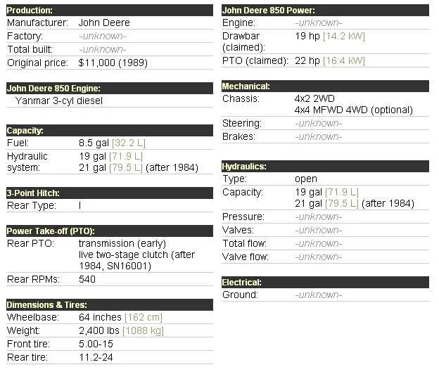john deere 850 w loader specs