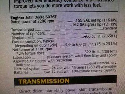 john deere 155 specs