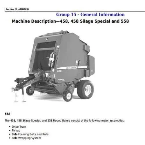 john deere 558 round baler specs