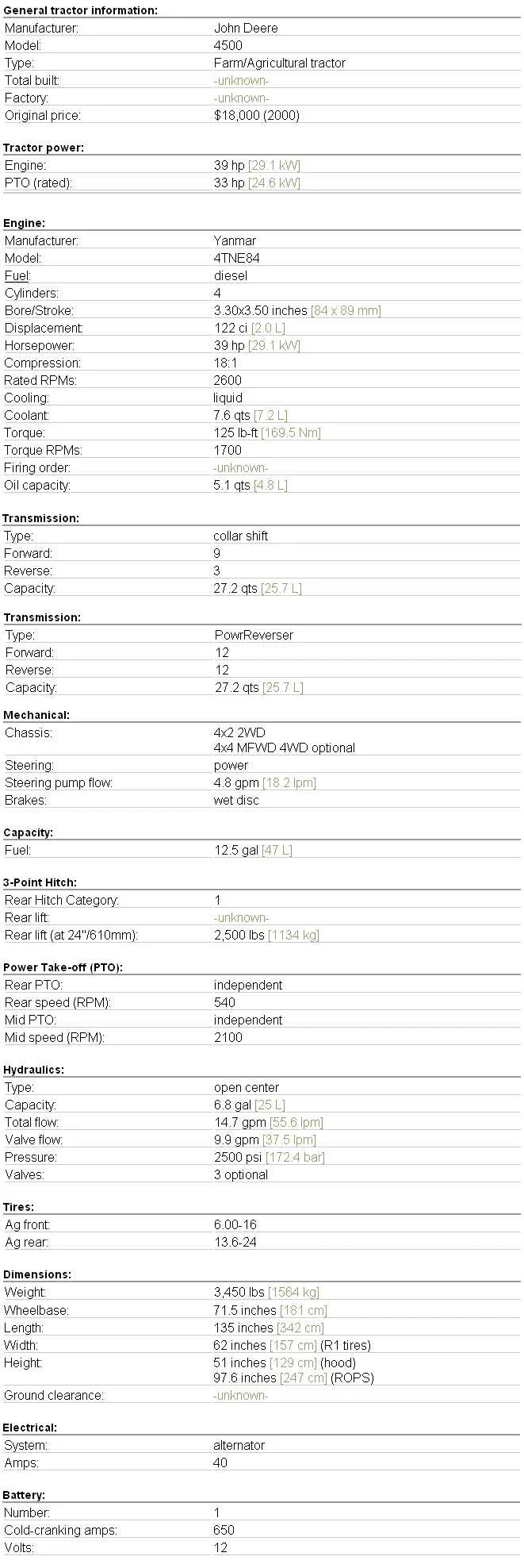 john deere model 4500 specs