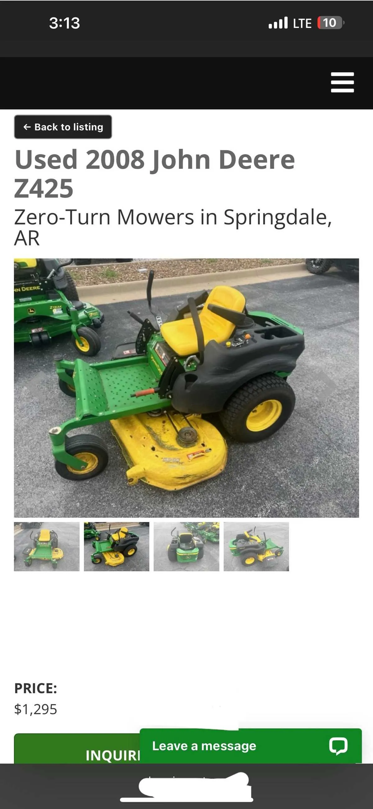 john deere z425 specs
