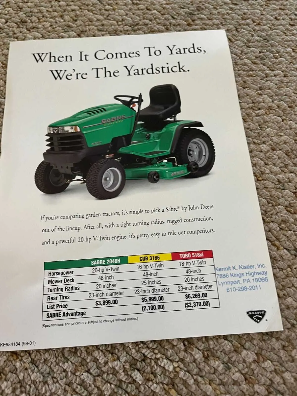 john deere sabre garden tractor specs