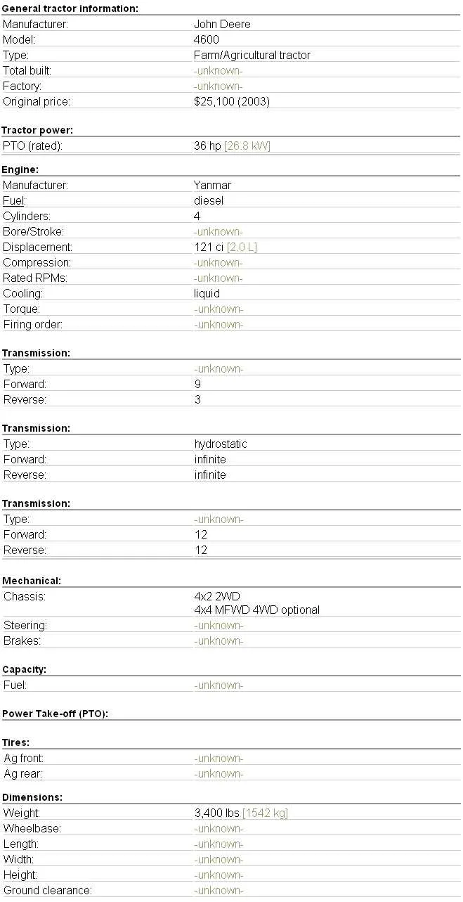 specs john deere 4600 specs john deere 4600