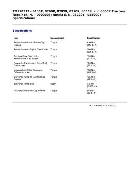specs for john deere 8335r