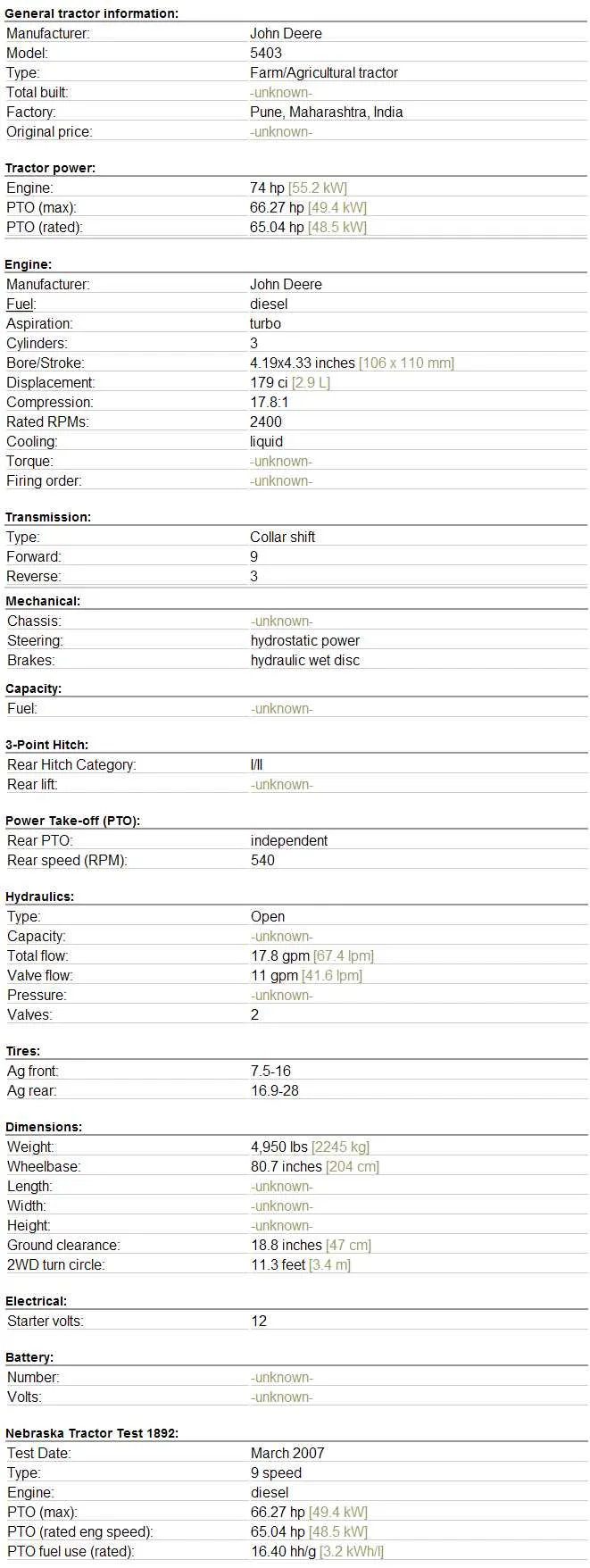 john deere 540m loader specs
