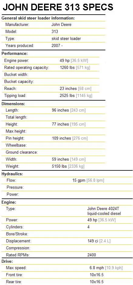 john deere 312b specs
